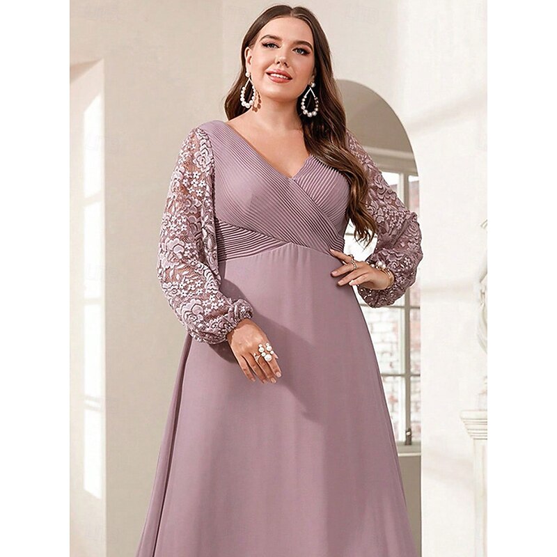 A-Line Evening Gown Elegant Dress Formal Wedding Floor Length Long Sleeve V Neck Chiffon with Floral Print4