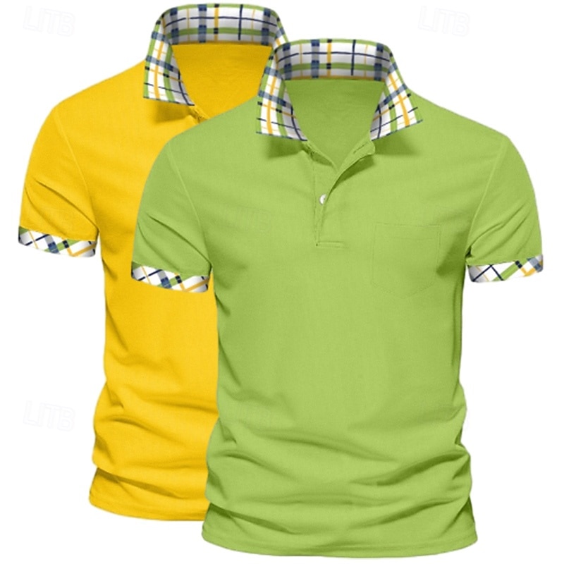 Men's Solid Color Plaid Color Block Polo Shirts Golf Shirt Short Sleeve Lapel Casual Sports & Outdoor Business Casual 2 Piece Buttons Summer Spring Spring &  Fall Dark Blue+White White+Yellow2