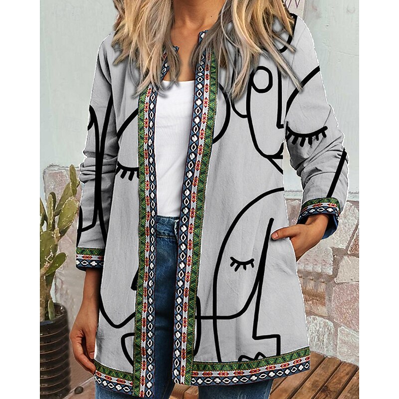 Women's Dressy Dusters Dressy Jackets Casual Jacket Street Going out Fall Winter Regular Coat Regular Fit Warm Comfortable Fashion Modern Jacket Long Sleeve Floral Pocket Blue Dark Blue Dark Gray4