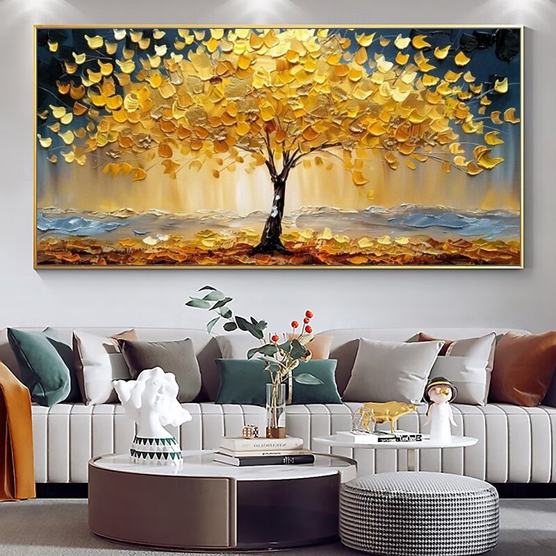 Mintura Handmade 3D Gold Tree Landscape Oil Paintings On Canvas Wall Art Decoration Modern Abstract Picture For Home Decor Rolled Frameless Unstretched Painting