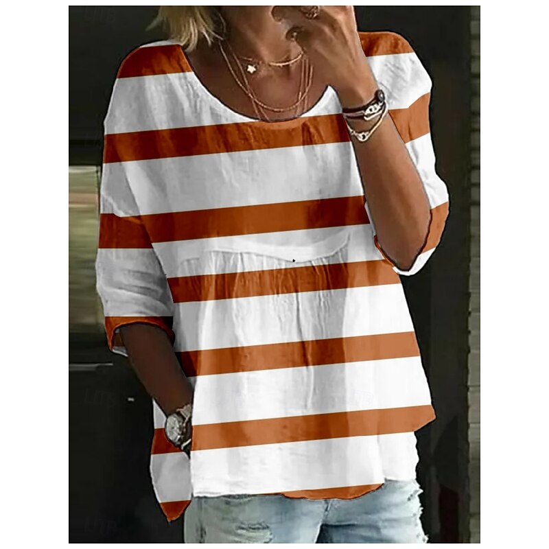 Women's Blouse Striped Stylish 3/4 Length Sleeve Crew Neck Regular Tops Daily Holiday Print Black Red Navy Blue Purple Fuchsia Summer3