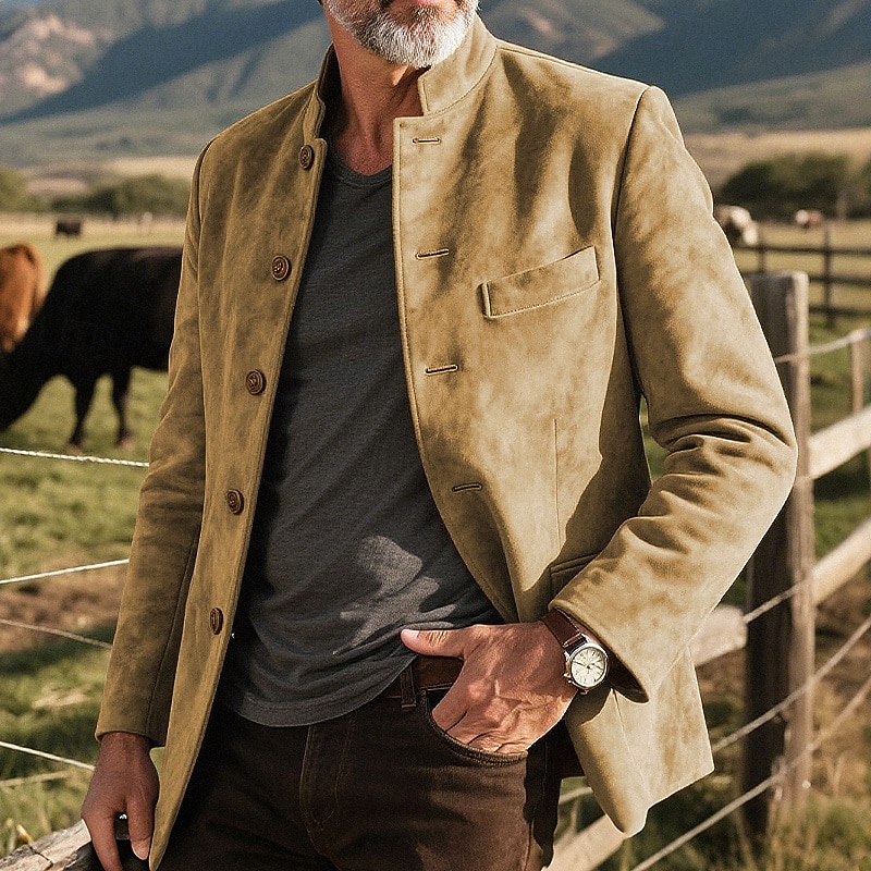 Men's Casual Jacket Faux Suede Jacket Vacation Daily Pocket Spring Fall Plain Fashion Classic Stand Collar Regular Light Khaki Black Navy Blue Khaki Army Green Jacket