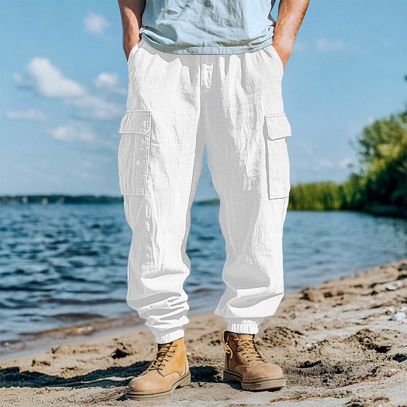 Men's Linen Pants Trousers Summer Pants Elastic Waist Drawstring Straight Leg Plain Comfort Breathable Full Length Casual Daily Holiday Fashion Classic Style Black White2
