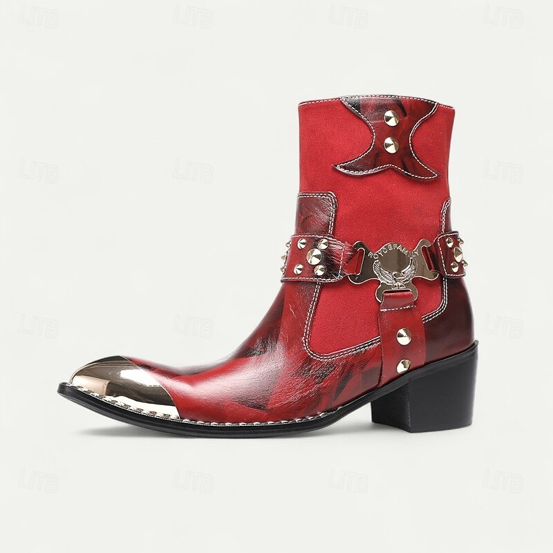 Men's Red Leather Ankle Boots with Gold Tip Decorative Metal Buckles and Studded Details–Bold Western Style Boots for Nightlife and Party Wear4
