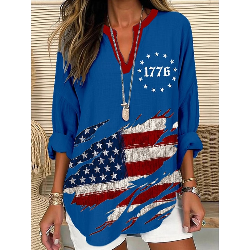 Women's Blouse Tunic V Neck Long Sleeve Boho Casual Patriotic Graphic Flag Vintage Tropical Regular Tops Daily Wear Print Black White Red Blue3