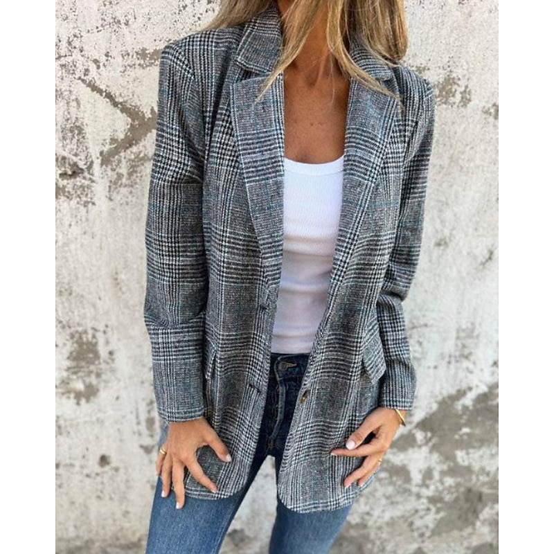 Women's Blazer Comfortable Pocket Fashion Houndstooth Work Street Single Breasted Regular Turndown Regular Fit Long Sleeve Outerwear Brown Gray Fall Winter
