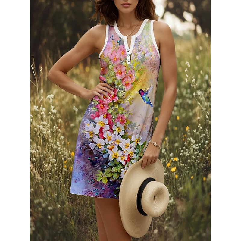 Women's Mini Dress Sundress Shift Dress Off The Shoulder Dress Vacation Casual Going out Regular Fit Floral Graphic Sleeveless V Neck Yellow Red Blue Purple Summer Spring