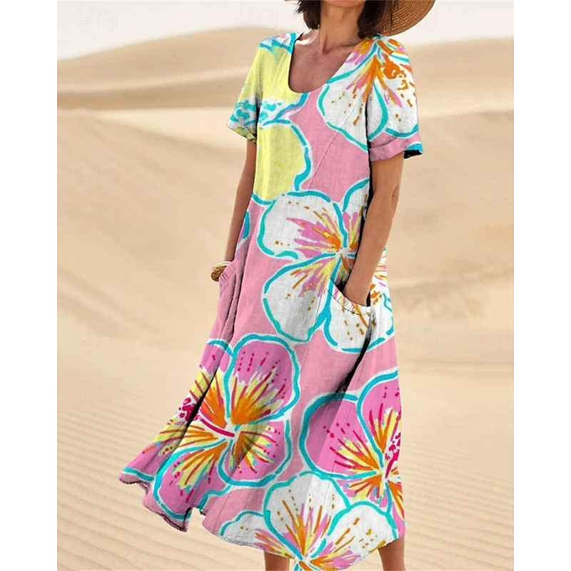 Women's Long Dress Maxi Dress Casual Dress Swing Dress Summer Dress Elegant Fashion Romantic Outdoor Party Holiday Regular Fit Flower Short Sleeve Crew Neck Pink Blue Light Purple Summer3