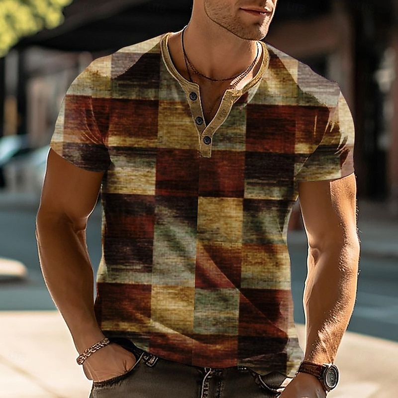 Men's Geometric Plaid T Shirt Henley Shirt Short Sleeve Designer Modern Henley Street Casual Daily Summer Spring All Seasons Khaki Henley Henley T-Shirt