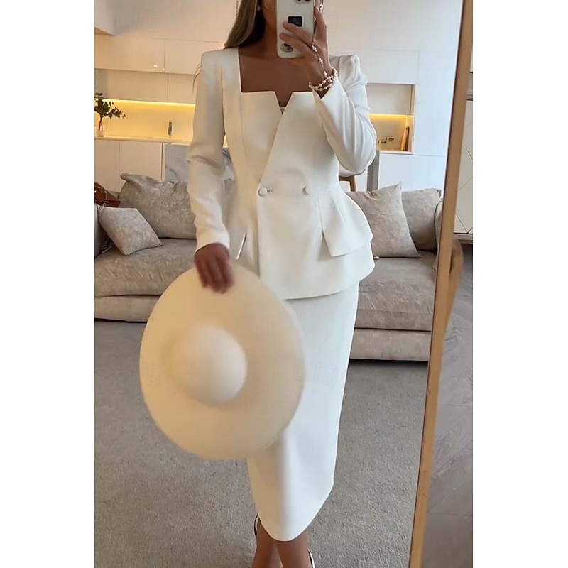 Tuxedo Dress Sheath Formal Stretch Crepe Elegant Minimalist Long Sleeve Tea Length Square Neck Double Breasted