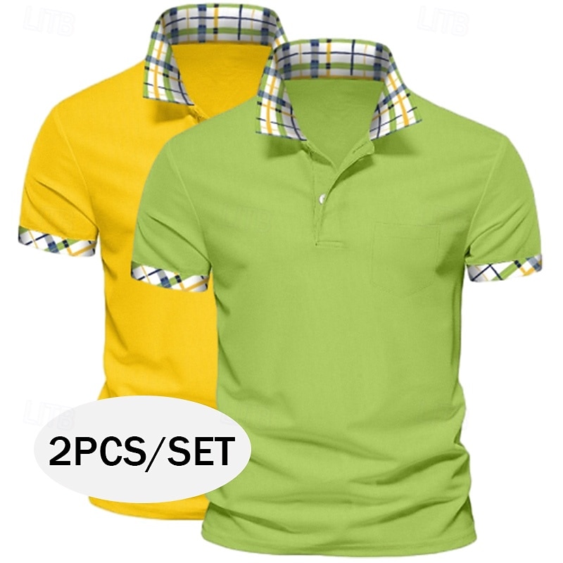 Men's Solid Color Plaid Color Block Polo Shirts Golf Shirt Short Sleeve Lapel Casual Sports & Outdoor Business Casual 2 Piece Buttons Summer Spring Spring &  Fall Dark Blue+White White+Yellow