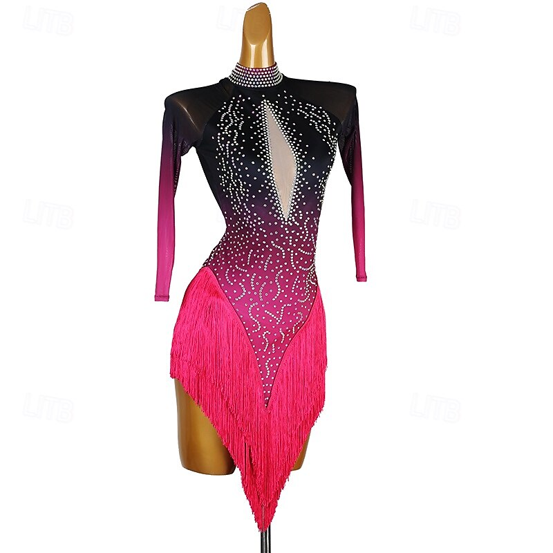 Latin Salsa Dance Dress Tassel Rhinestones Women's Performance Party Long Sleeve Rumba Chacha Dancewear Costumes3