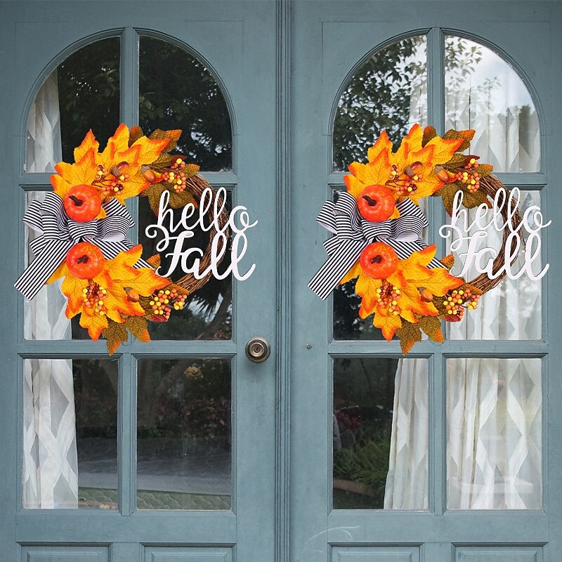Fall Wreath for Front Door Thanksgiving Autumn Farmhouse Indoor Outdoor Decoration, Rustic Twig Letter Maple Leaf Vine Wreath, Harvest Festival Door Hanging Decor2