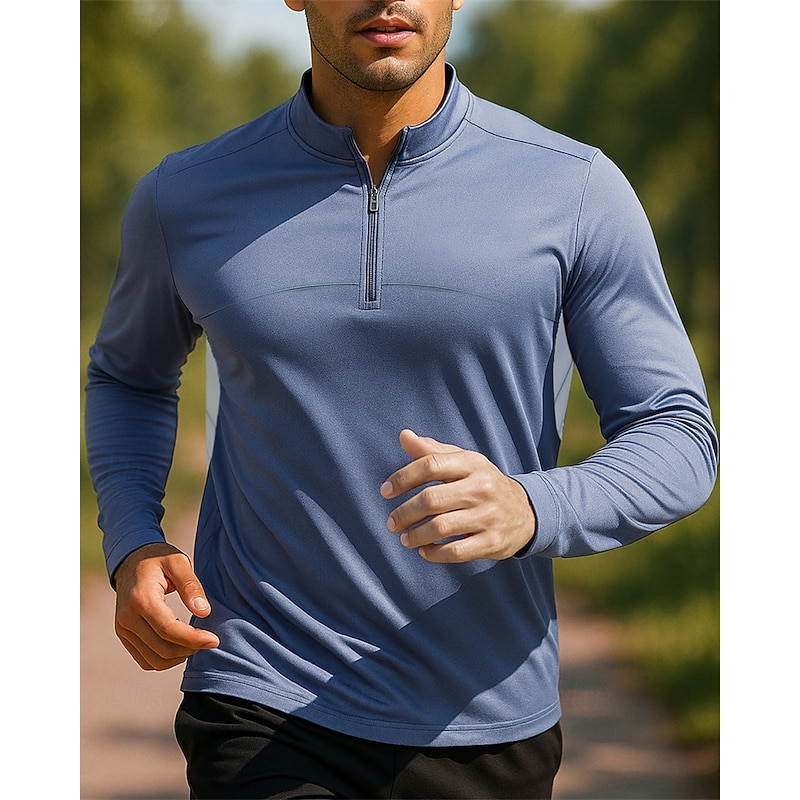 Men's Golf Polo Shirt Running Shirt Tennis Shirt Quarter Zip Long Sleeve Tee Tshirt Solid Colored Quick Dry Lightweight Breathable Tennis Golf Running Sportswear Activewear Blue Gray
