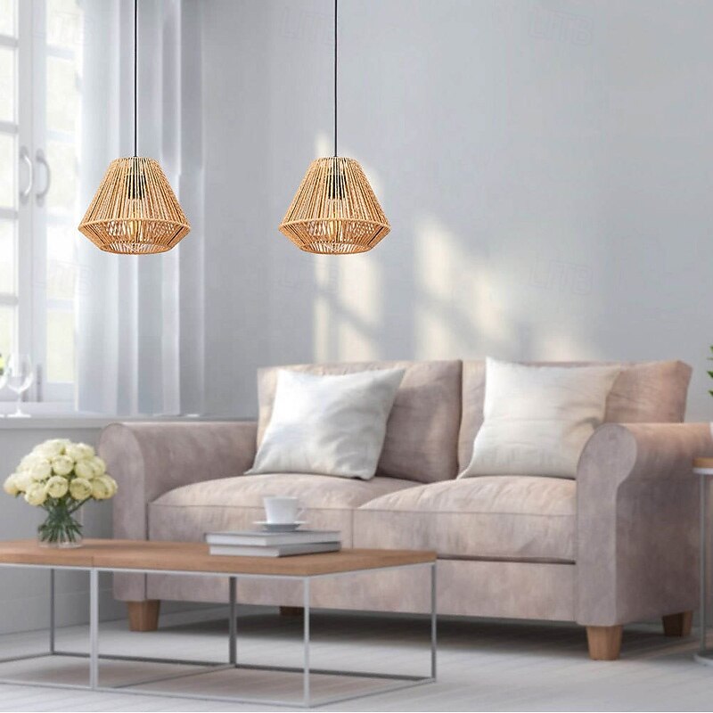 Linen Braided Diamond Pendant Light, Rattan Kitchen Island Hanging Lamp, Japanese Dining Room Decorative Lighting Suspension Lamps Retro Industrial Drop Lights, Farmhouse Chandeliers3