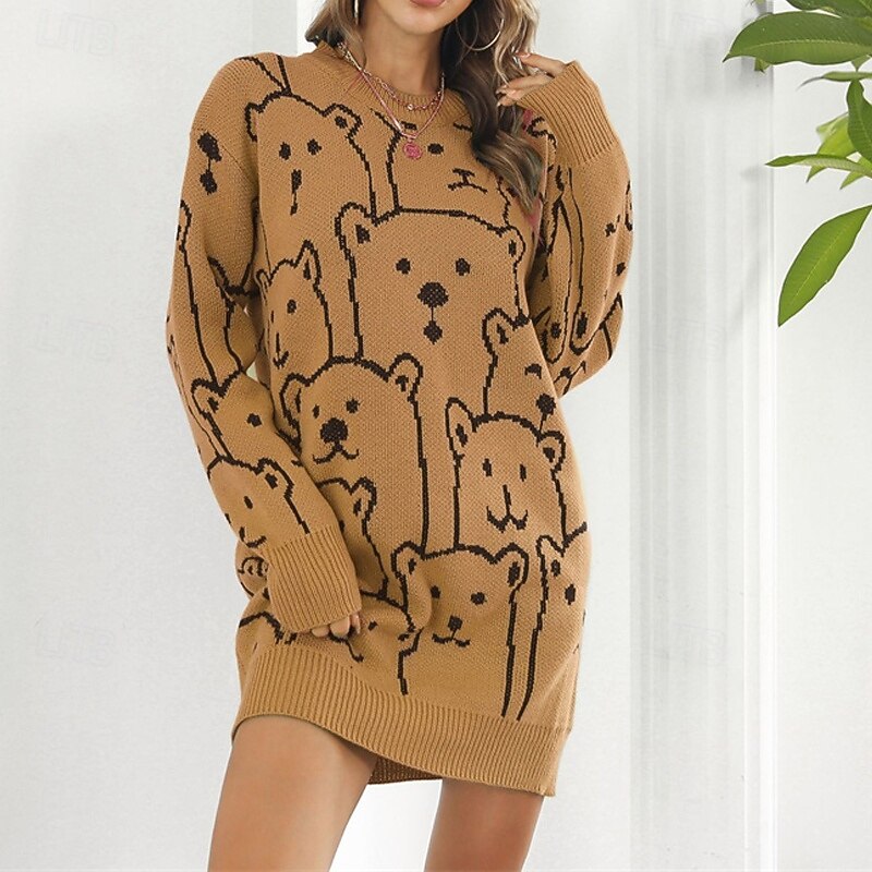 Women's Mini Dress Sweater Dress Knit Dress Casual Dress Fashion Outdoor Party Holiday Regular Fit Animal Long Sleeve Crew Neck White Green Khaki Fall Winter3
