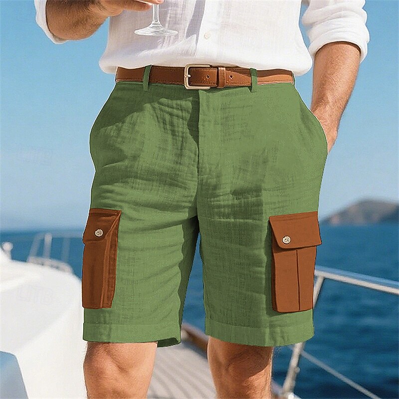 Men's Shorts Linen Shorts Summer Shorts Beach Shorts Multi Pocket Flap Pocket Color Block Comfort Breathable Short Vacation Holiday Beach Hawaiian Boho Green Khaki3