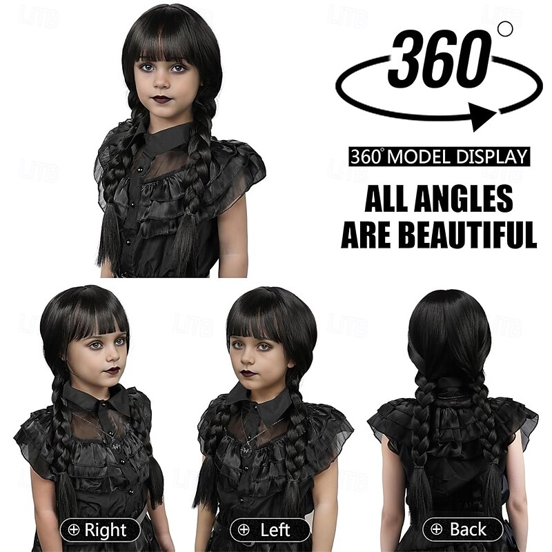 Long Braid Wig With Bangs Black Braided Wig Girls Halloween costume Wigs For Kids4
