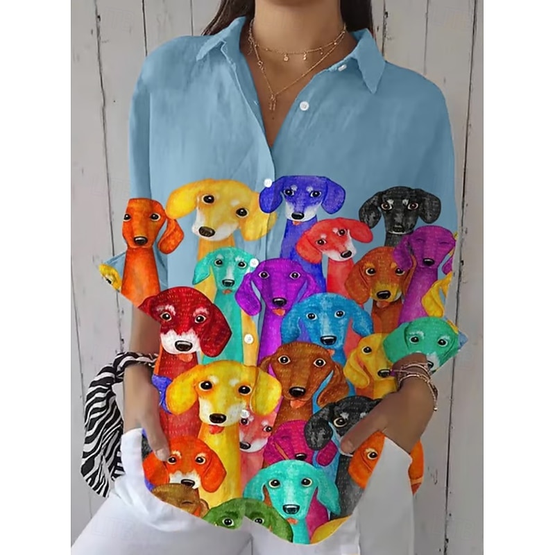 Women's Shirt Button Down Tunic Shirt Collar Long Sleeve Ombre Dog Active Cute Daily Regular Tops Work Daily s Print Black White Pink Blue Green Spring Fall2