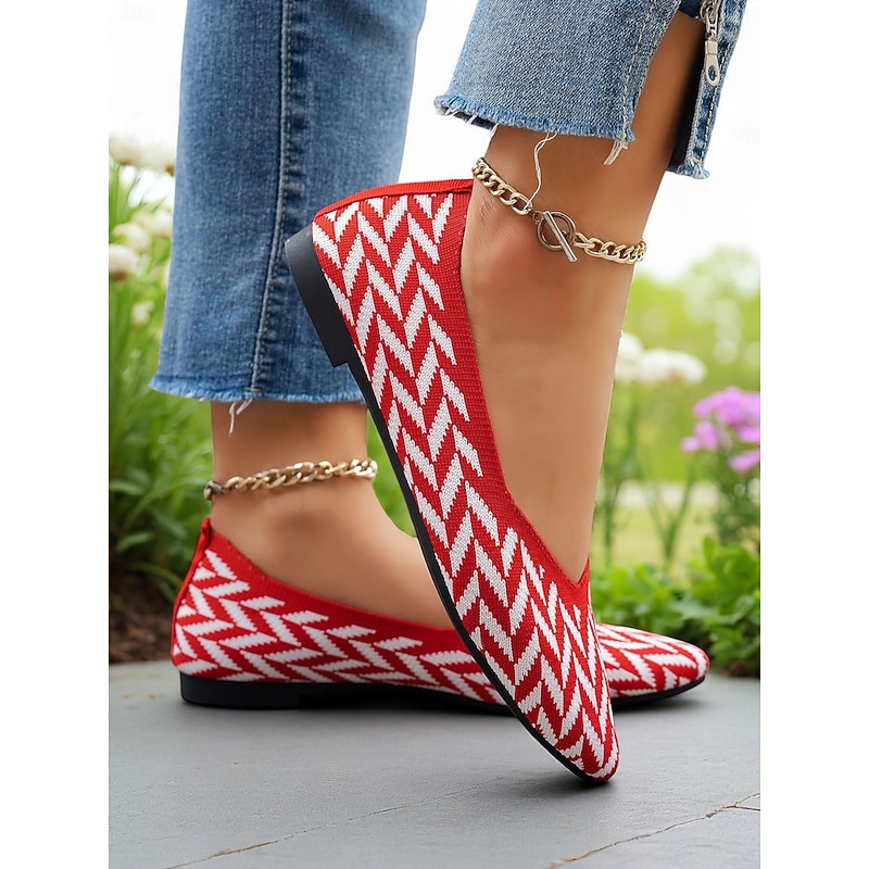 Women's Red Flyknit Ballet Flats – Chevron Pattern Soft Pointed Toe Flats for Casual Dates, Picnics and Daytime Events4