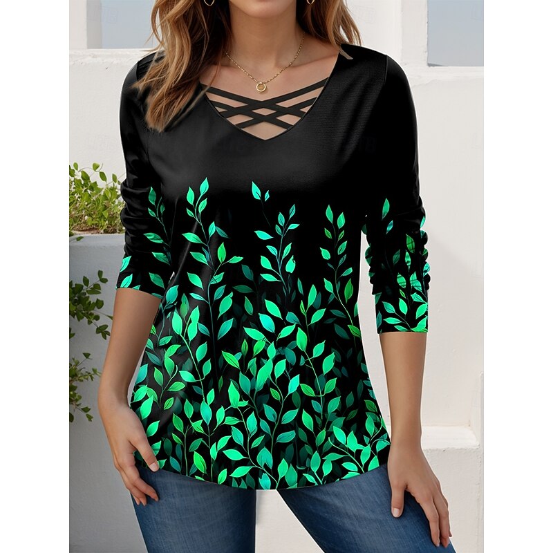 Women's T Shirt Floral Graphic Stylish Casual Long Sleeve V Neck Regular Tops Daily Cut Out Print Red Blue Purple Green Spring Fall4
