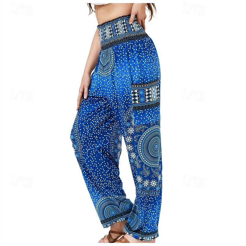 Women's Pants Trousers Straight Fashion Boho Full Length High Waist Print Elastic Waist Breathable Comfortable Micro-elastic Street Daily Wear Going out Black White Red Royal Blue Summer Regular Fit4