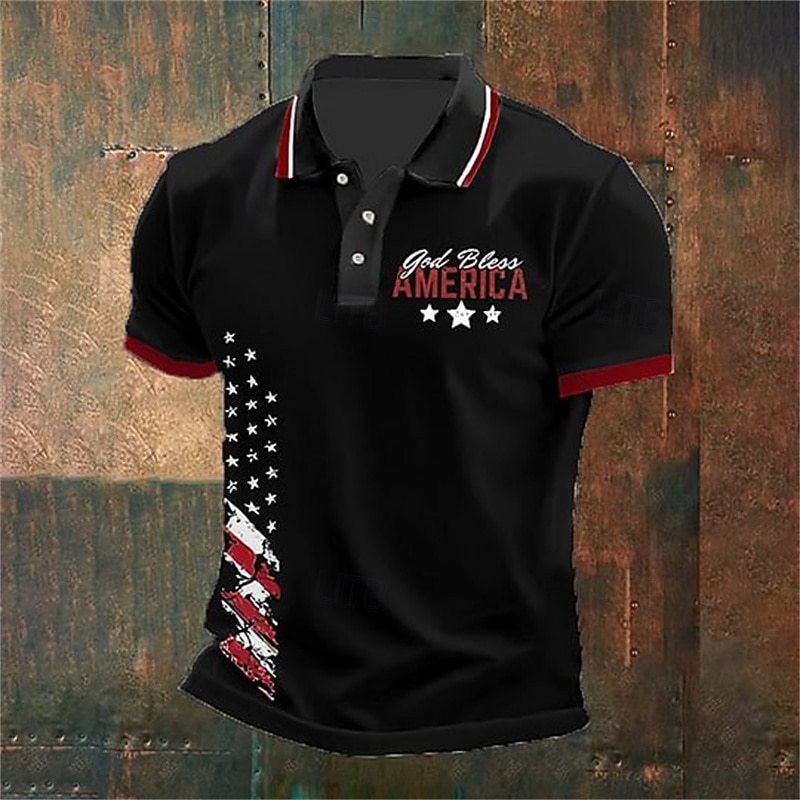 American Independence Day Men's American US Flag Polo Shirts Button Up Polos Golf Shirt Short Sleeve Polo Shirts Lapel Fashion Casual Daily Festival Print Summer Black White2