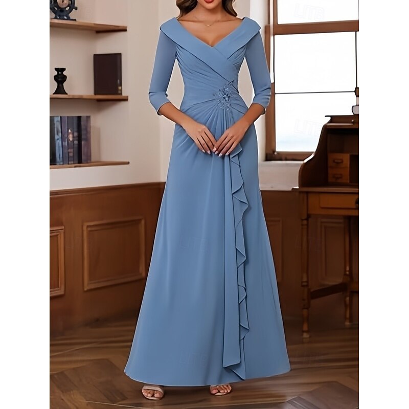 A-Line Wedding Guest Dresses Elegant Dress Wedding Guest Engagement Floor Length 3/4 Length Sleeve V Neck Chiffon with Pleats Ruched Beading
