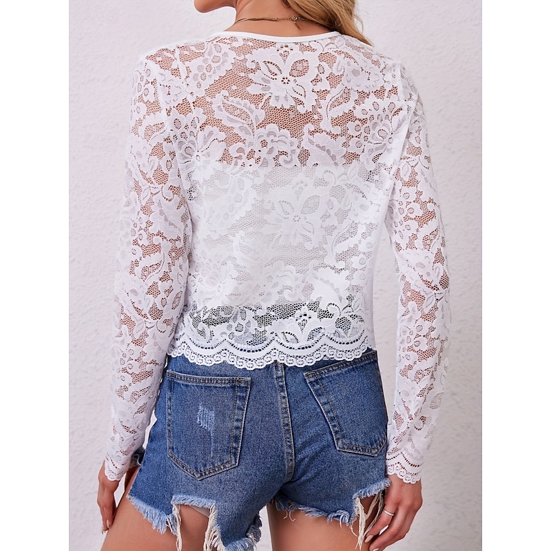 Women's Casual Jacket Breathable Comfortable Lace Patchwork Elegant Casual Plain Vacation Street Casual Daily Wear Open Front Short Crewneck Regular Fit Long Sleeve Outerwear Black White Summer Spring3