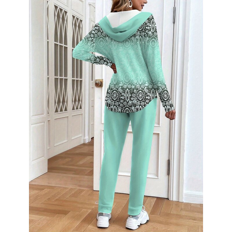 Women's 2 Pieces Hoodie Tracksuits Pants Sets Long Sleeve Active Daily Hooded Floral Graphic Gradient Drawstring Print Outdoor Casual Blue Orange Green Spring Regular Fit4