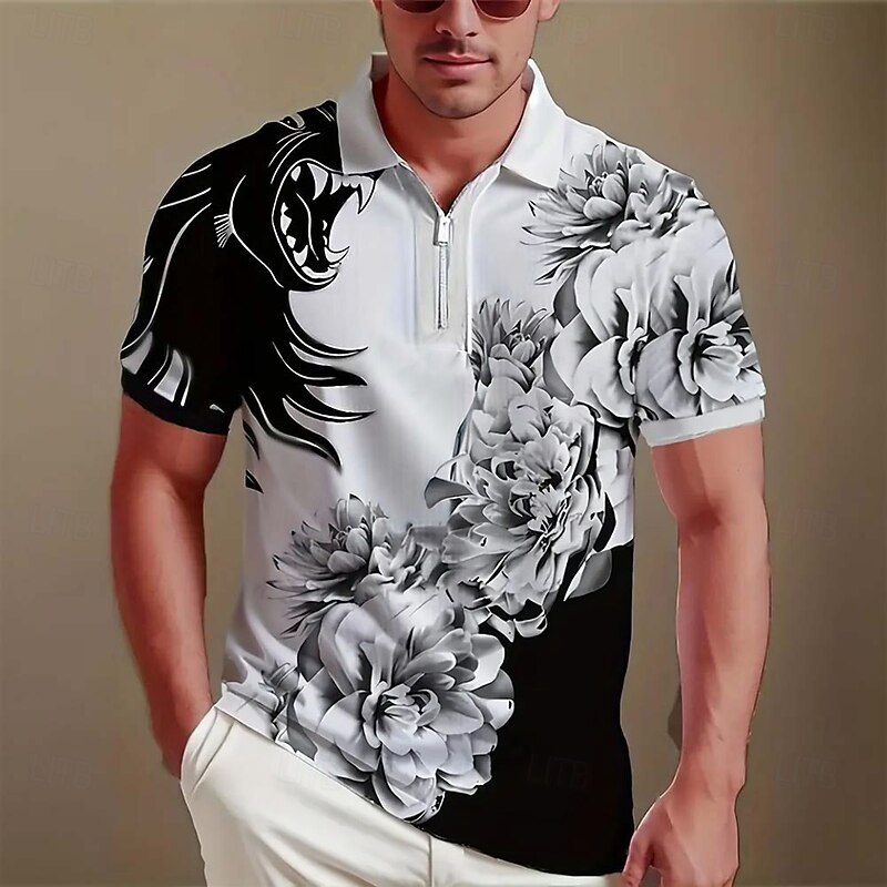 Men's Floral Zip Polo Short Sleeve Turndown Casual Daily Modern Athleisure Casual Daily Zipper Summer Robin's Egg Blue Black Red