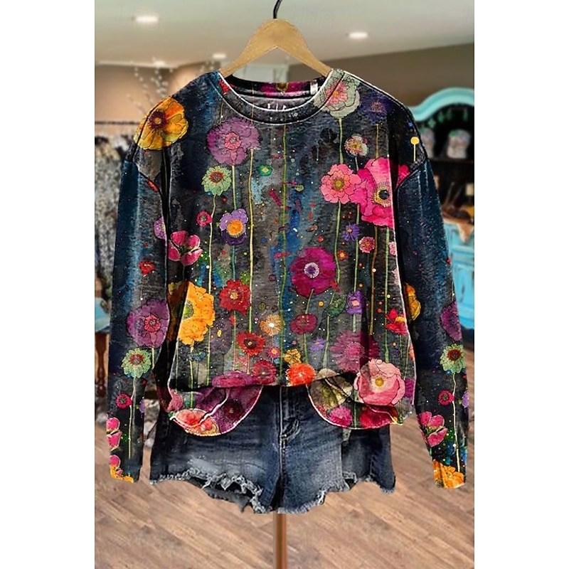 Women's Pullover Sweatshirt Floral Graphic Casual Long Sleeve Crew Neck Regular Tops Street Dailywear Casual Print Black Pink Blue Orange Gray Spring Fall Winter4