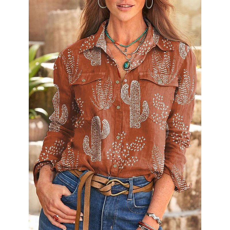 Women's Shirt Long Sleeve Button Down Blouse Graphic Leaf Vintage Tropical Daily Shirt Collar Regular Tops Work Daily Buttons Print Blue Purple Green Khaki Summer Spring3