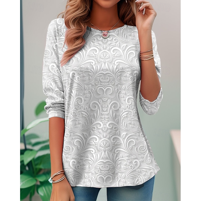 Women's T shirt Long Sleeve Crew Neck Long Sleeve Tunic 3D Print Floral Elegant Vintage Regular Tops Daily Going out Weekend Print Pearl Prefall4