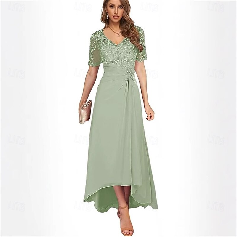 A-Line Mother of the Bride Dress Elegant Simple V Neck Asymmetrical Chiffon Short Sleeve with Solid Color3
