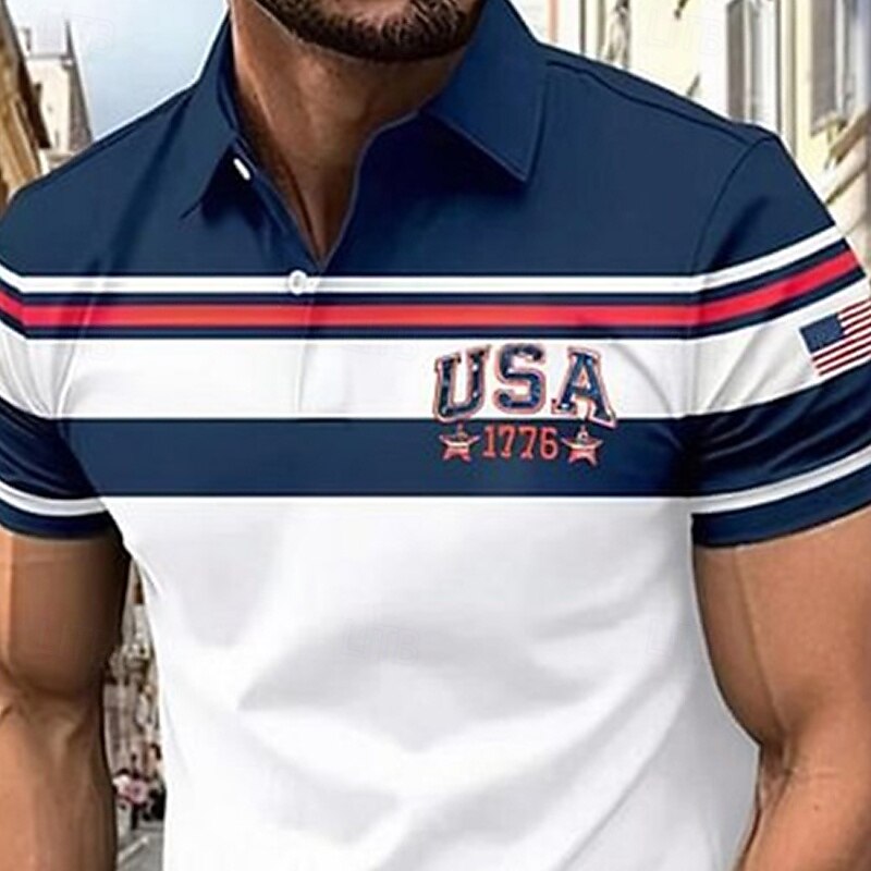 American Independence Day Men's USA Polo Shirts Button Up Polos Golf Shirt Short Sleeve Polo Shirts Lapel Fashion Casual Daily Festival Print Summer Blue2