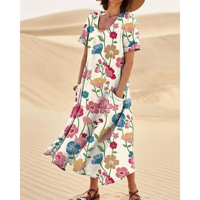 Women's Long Dress Maxi Dress Casual Dress Swing Dress Summer Dress Boho Dress Elegant Fashion Romantic Outdoor Party Holiday Regular Fit Flower Short Sleeve Crew Neck Pink Navy Blue Blue Summer3