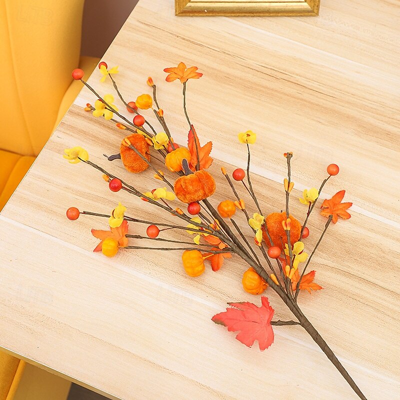 1 Bundle Fall Artificial Flower, Autumn Maple Leaves and Pumpkin Stem Bouquet, Halloween Party Home Decor, Spooky Seasonal Floral Arrangement2