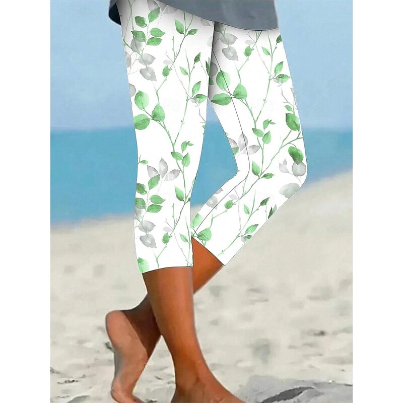 Women's Leggings Vacation Vintage Basic Calf-Length High Waist Graphic Leaf Quick Dry Soft Comfortable Stretchy Casual Daily Holiday Robin's Egg Blue Yellow Red Green Summer Spring Slim Fit4