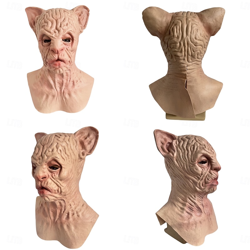 Halloween Sphynx Cat Mask For Adults Realistic Scary Costumes Latex Face Mask, Hairless Cat Horror Mask, Creepy Feline Party Prop4