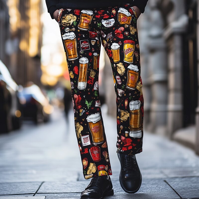 Men's Oktoberfest Beer Dress Pants Trousers Suit Pants Mid Waist Casual Vacation Holiday Regular Fit Flat-Front Straight Leg Pants with Pockets Summer Spring Fall 3D Print Black
