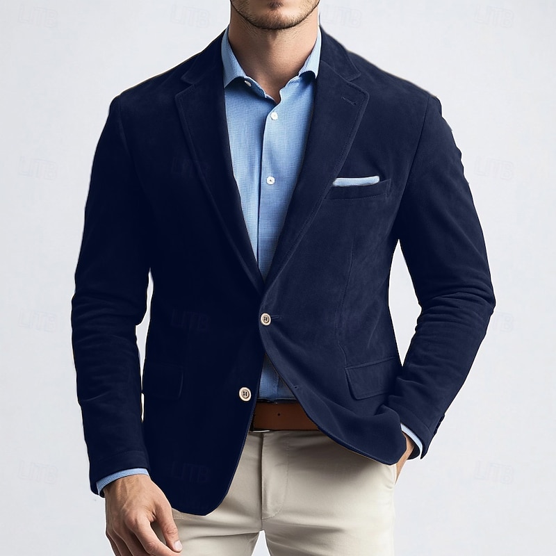 Men's Blazer Jacket Work Street Fashion Casual Fall / Winter Faux Suede Plain Pocket Buttons Comfortable Single Breasted Blazer Navy Blue Brown Green khaki3