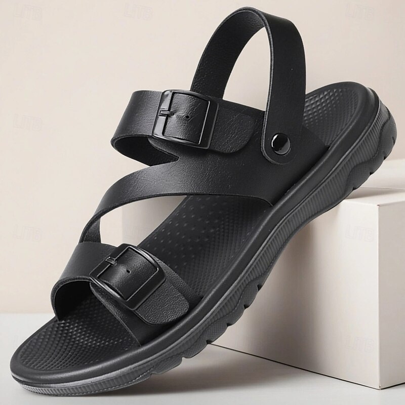 Men's Black Faux Leather Sandals with Buckle Straps, Comfortable Casual Footwear for Summer and Outdoor Activities