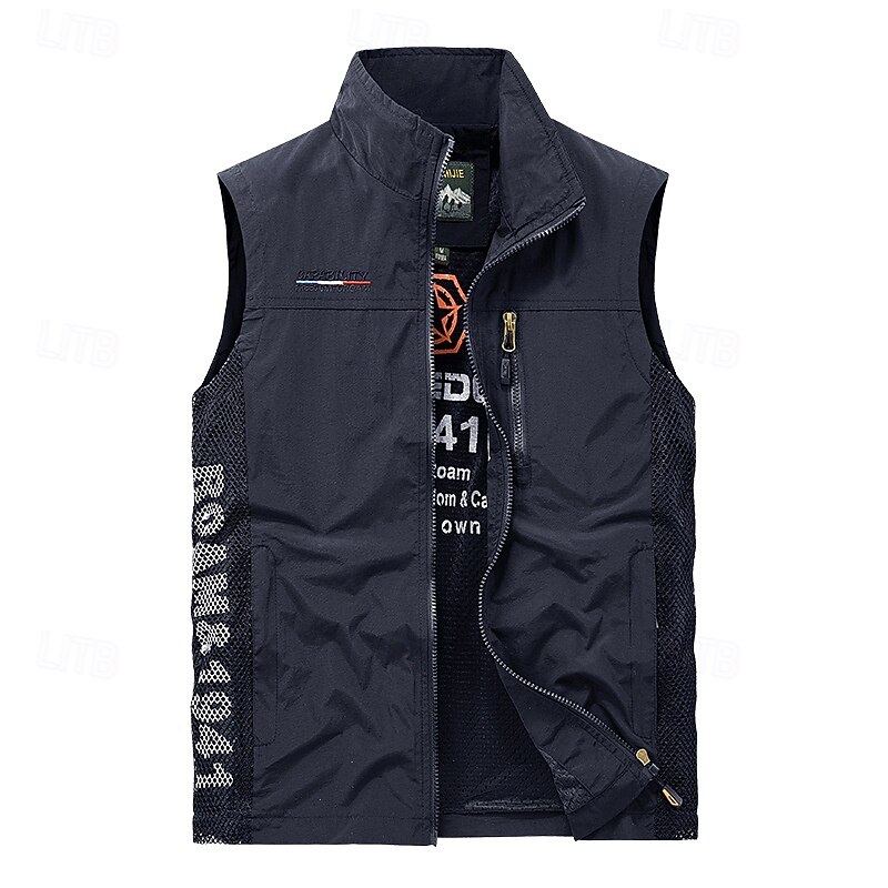 Men's Fishing Vest Hiking Vest Sleeveless Vest Outdoor Windproof Quick Dry Lightweight Reflective Strips Winter Zipper Polyester Army Green Blue Hunting Fishing Climbing