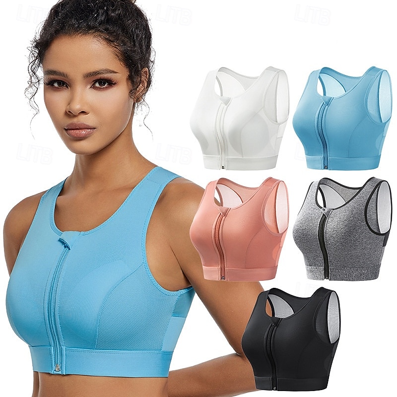 Women's Yoga Bra Pilates Bra Sports Bra Bra Top Push Up Seamless Anti-vibration Zipper Wireless Solid / Plain Color Sport Activewear Black White Gym Zumba Running