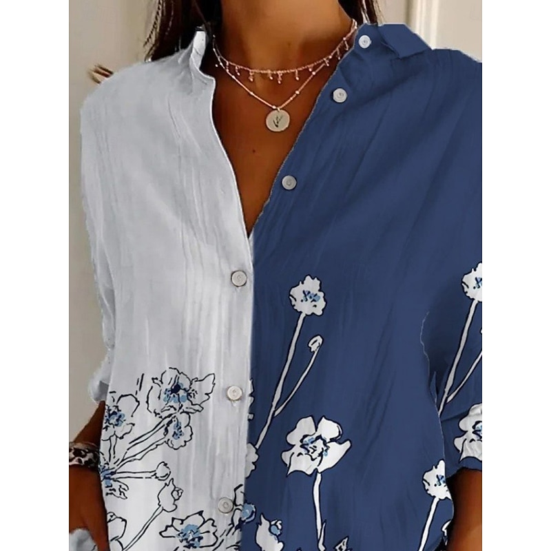Women's Shirt Floral Active Daily Stylish Long Sleeve Shirt Collar Regular Tops Daily Holiday Buttons Print Blue Spring Fall2
