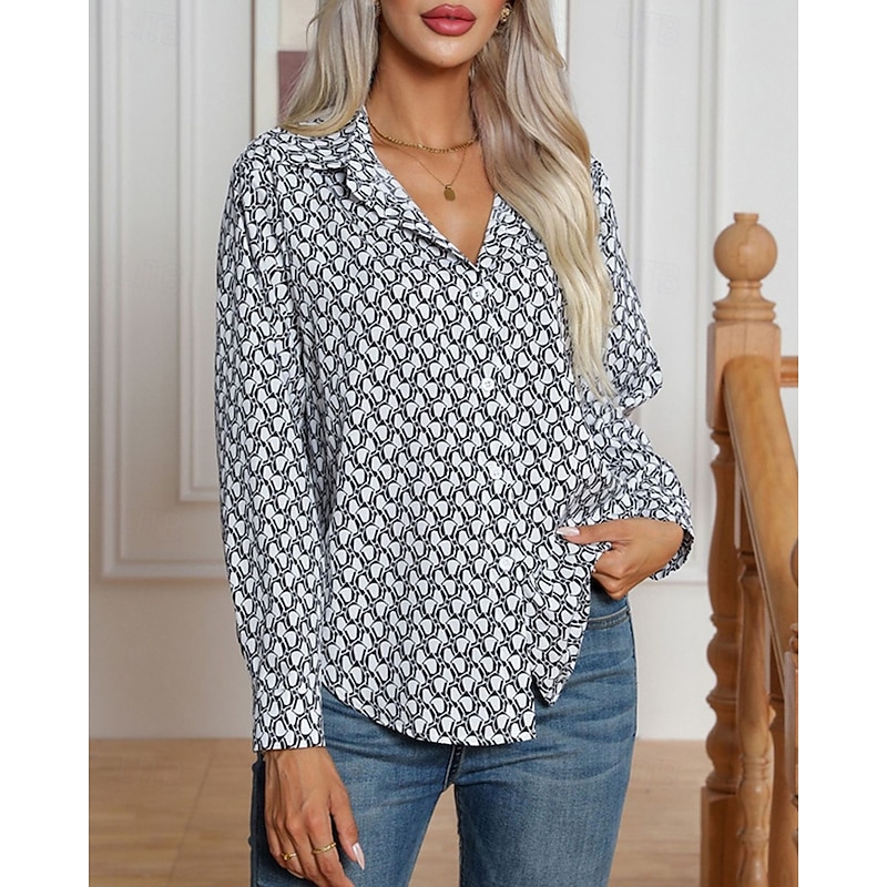 Women's Shirt Geometric Daily Stylish Basic Long Sleeve Shirt Collar Regular Tops Work Daily Holiday Buttons Black White Khaki Spring Fall2