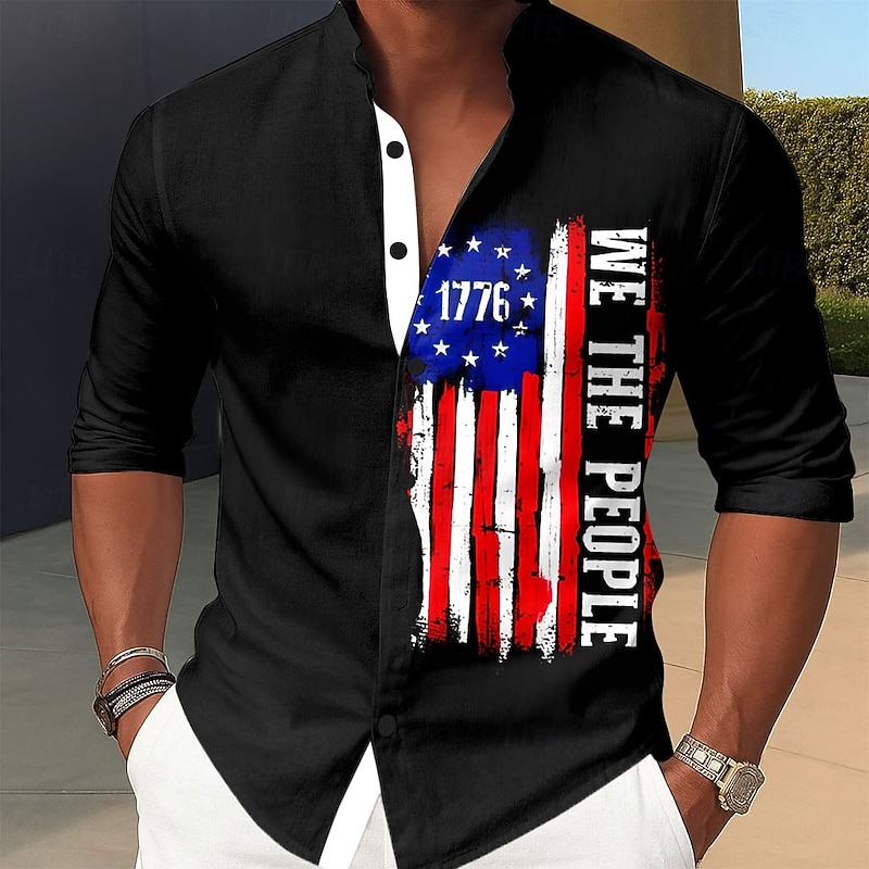 Independence Day Men's US Flag Patriotic 1776 Shirt Stand Collar Shirt Casual Dress Shirt Long Sleeve Casual Holiday Summer Spring Mandarin Collar Band Collar 3D Print Button Up Shirts White Red Dark3