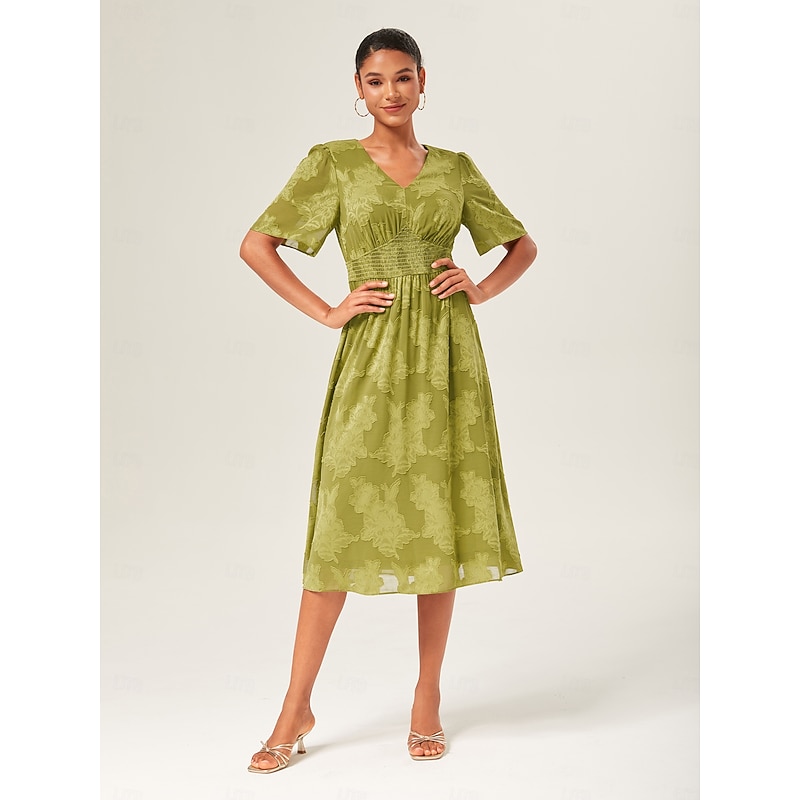 Women's Elegant Dress Green Short Sleeve Jacquard Jacquard Spring & Summer V Neck Elegant Dress Vacation Date S M L