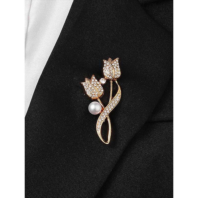 Women's Rhinestone Tulip Flower Brooch with Pearl Decoration, Elegant Alloy Lapel Pin for Office Jackets, Dresses, Weddings and Formal Occasions4